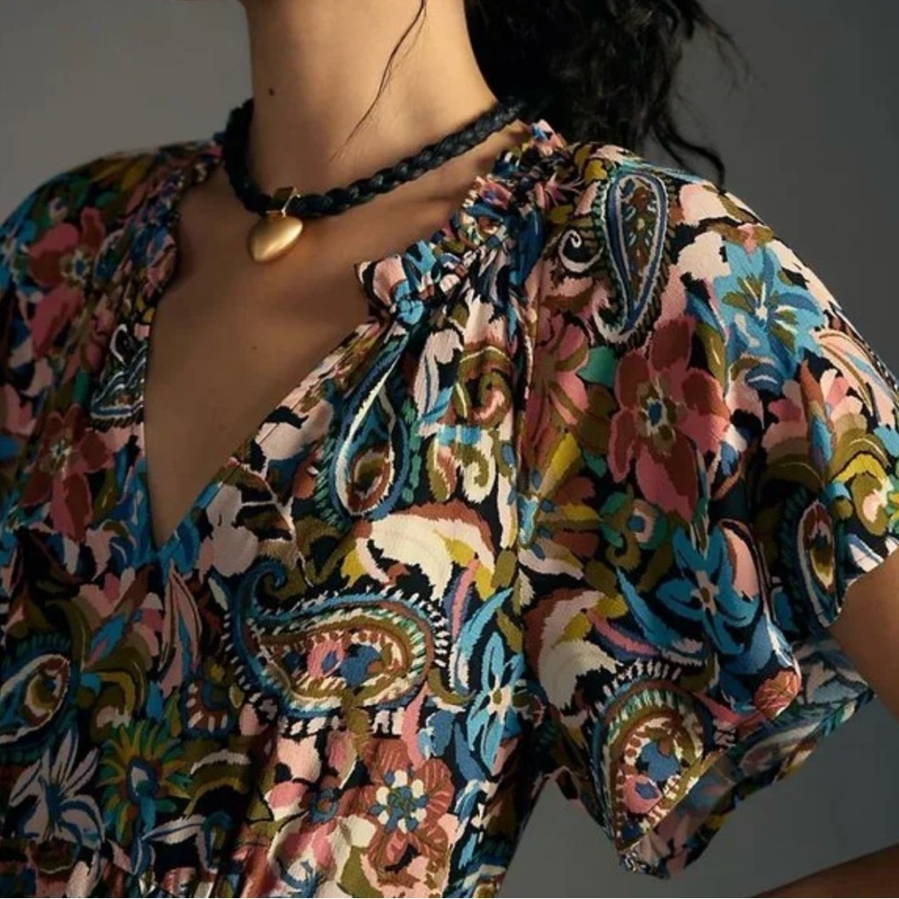 XL By Anthropologie-Robin green blue + pink Paisley tiered ruffle mini dress.XL - Picture 4 of 16